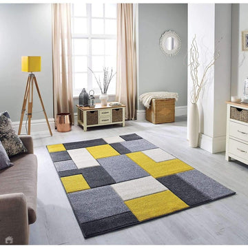 Portland 8425 I Modern Geometric Carved Durable Short Pile Grey/Yellow/Cream Rug-Melrose-Rug Love - The Most Loved Rug Store